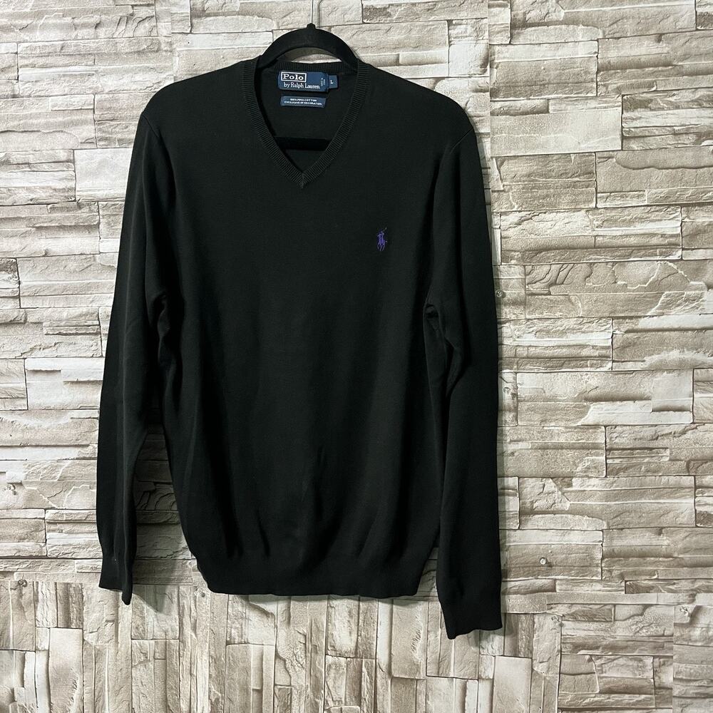 Polo Ralph Lauren Sweater Mens Sz L Black Pima Cotton V-Neck Pullover Pony Logo